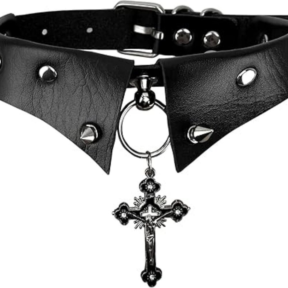 Goth Black Necklace with Cross Gothic Choker Adjustable Punk Steampunk